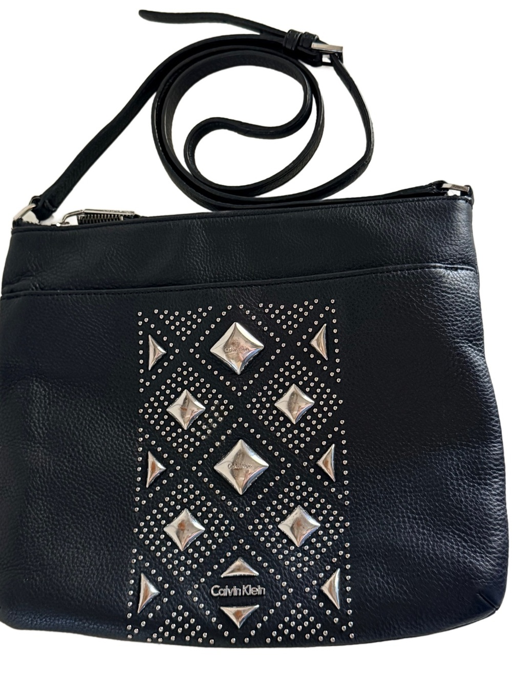 Calvin Klein Black Leather Pyramid Stud Crossbody Bag Embellished Clutch